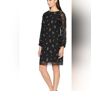 Chaps Sheer Ruffle Accent Black Dress with Floral Prints